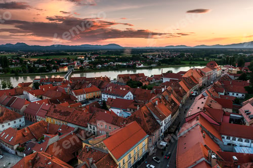 Preview: Cityscape of Ptuj in Slovenia at Sunset. River Drava and Roofs in Slovenia