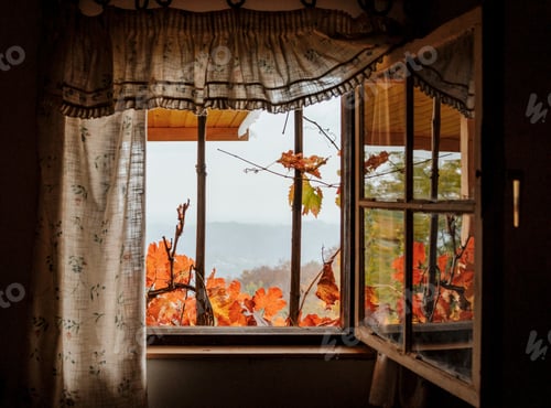 Preview: Idyllic view through wooden window of a cabin in autumn.