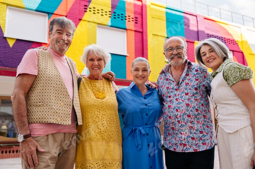 Preview: Group of senior friends meeting outddors in the city and having fun