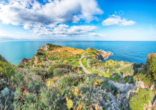 Preview: Scenic spring view on the the cape Milazzo panorama of nature reserve Piscina di Venere.