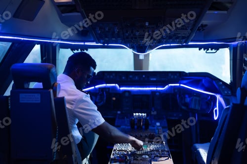 Preview: happy young pilot in professional uniform at airport