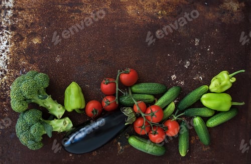 Preview: Vegetable mix of garden cherry tomatoes, cucumbers, paprikas, eggplant, broccoli