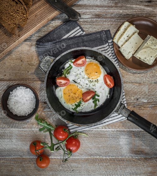 Preview: fried eggs in a frying pan top view