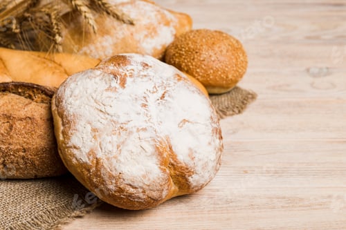 Preview: Homemade natural breads. Different kinds of fresh bread as background, perspective view
