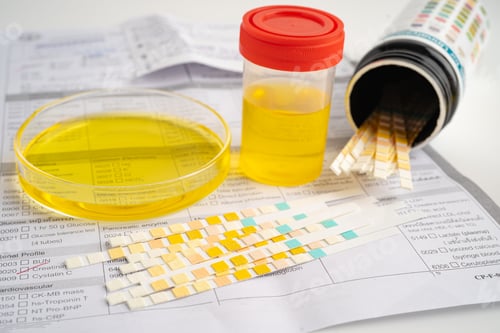Preview: Urinalysis, urine cup with reagent strip pH paper test and comparison chart in laboratory.
