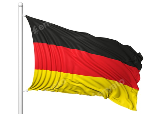 Preview: Waving flag of Germany on flagpole, isolated on white background.