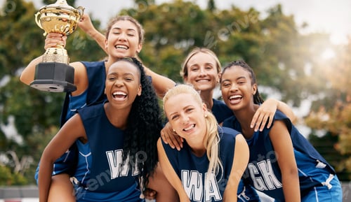 Preview: Netball game, team sports and trophy winner in sport competition on court, collaboration for winnin