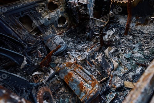 Preview: Burned interior of car cabin, exploded from Russian shelling