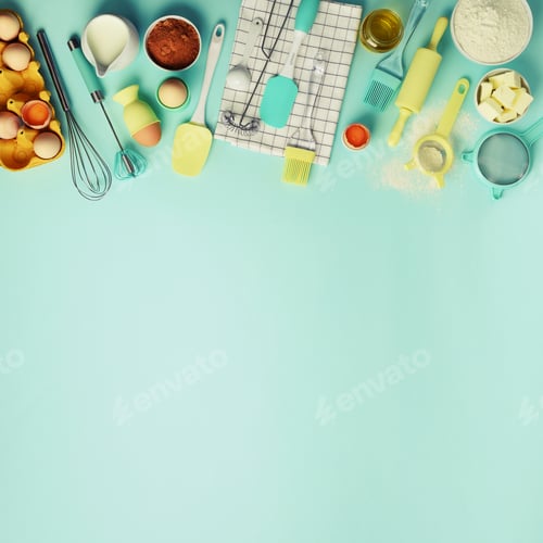 Preview: Square crop. Baking ingredients - butter, sugar, flour, eggs, oil, spoon, rolling pin, brush, whisk