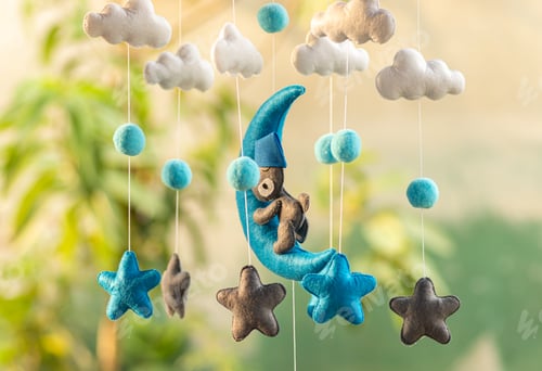 Preview: Baby crib hangings, Felt cot mobile made with plush clouds, moon, and stars.