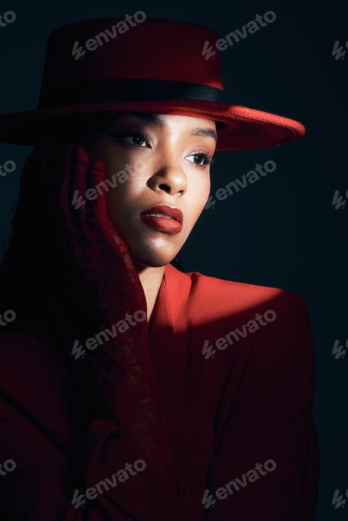 Preview: Dark, spotlight and sexy with fashion and woman with face and seduction with red aesthetic against