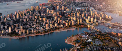 Preview: Aerial View of False Creek and Downtown Vancouver City on Ocean Coast. Sunset