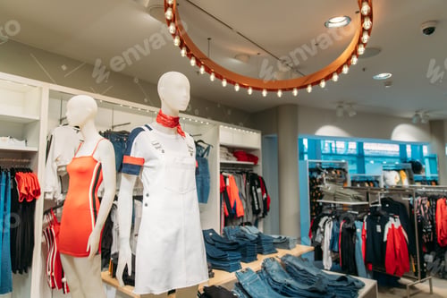 Preview: Mannequins Dressed In Female Woman Casual Summer Clothes In Store Of Shopping Center.Mannequins