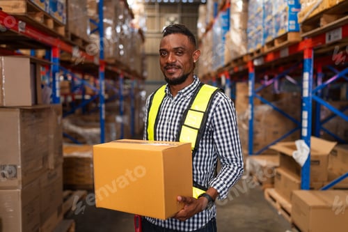 Preview: Male warehouse employee worker working and holding box.