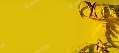 Preview: Festive yellow background. Golden shimmer shiny ribbon header banner backdrop Christmas New year