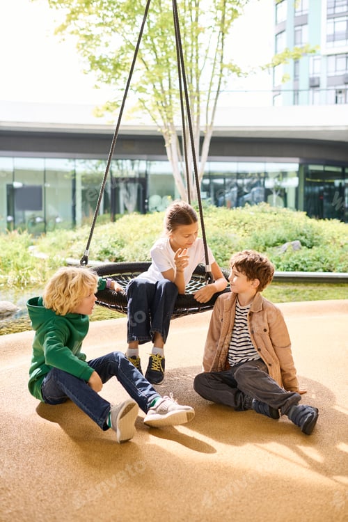 Preview: Children enjoying blissful autumn days while playing together on a swing in a serene outdoor setting