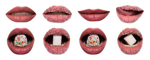 Preview: Beautiful female lips with bright makeup on white background, collage of photos