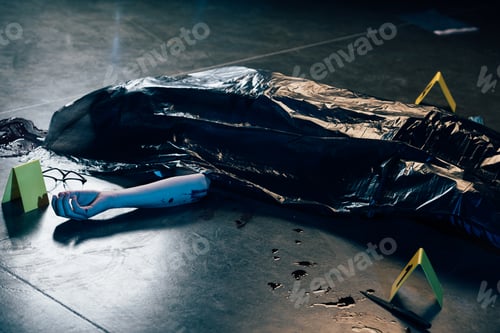 Preview: covered corpse with glasses on floor at crime scene