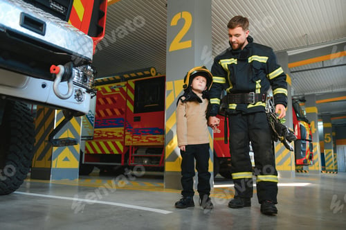 Preview: Firefighter holding child boy to save him in fire and smoke,Firemen rescue the boys from fire