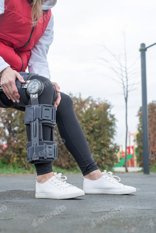 Preview: Woman wearing knee brace or orthosis after leg surgery, walking in the park