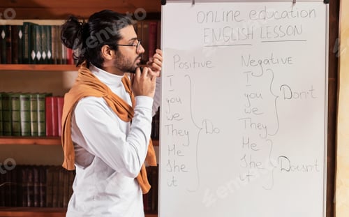 Preview: Thoughtful Indian Teacher Man Standing Near Blackboard Indoor