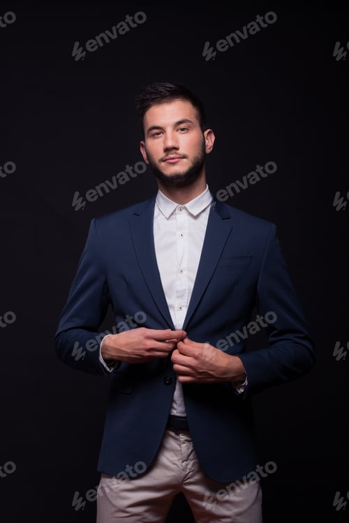 Preview: Young Adult Man 20S Model, Buttoning Jacket, Suit Elegant, Black Background