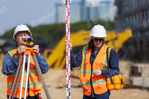 Preview: Engineers with surveying equipment for new road construction