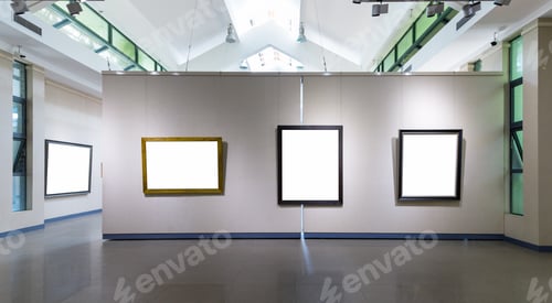 Preview: blank frames fro painting or photography on exhibition wall in a room
