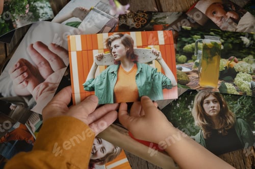 Preview: Young woman and kid looking through printed photos for family picture album.