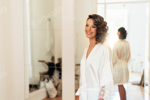 Preview: Bride trying on wedding dress.