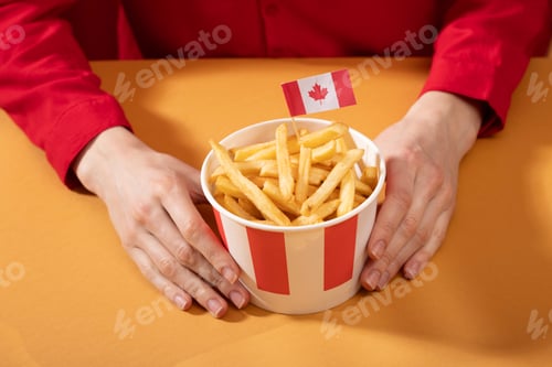 Preview: Canada Day traditional food concept. A girl in a classy cafe eats in Canada.