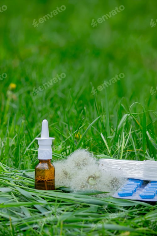 Preview: Nasal drops, allergy spray, wipes and tablets. Allergy treatment concept