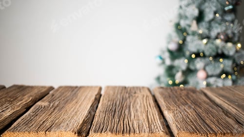 Preview: empty wooden table for product presentation blurred Christmas tree