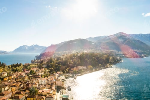 Preview: Aerial view of Bellagio village on Como lake with blue sky and the Alps in the Bellagio, Como, Italy