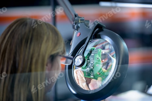Preview: Female worker soldering electronic parts in clean room in electronics factory