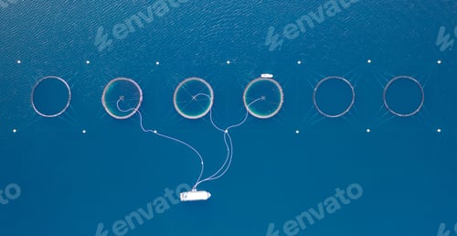 Preview: Aerial view of round mesh for growing and catching fish in arctic water surrounded by fjords