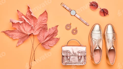 Preview: Fall fashion glamor accessories minimal. Autumn hipster clothes outfit falling on pastel background.