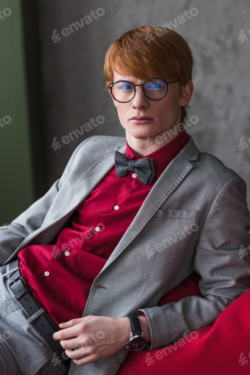 Preview: Portrait of male fashion model dresed in suit and bow tie