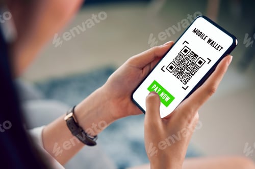 Preview: Woman using smartphone for qr code payment mobile banking on application wallet.