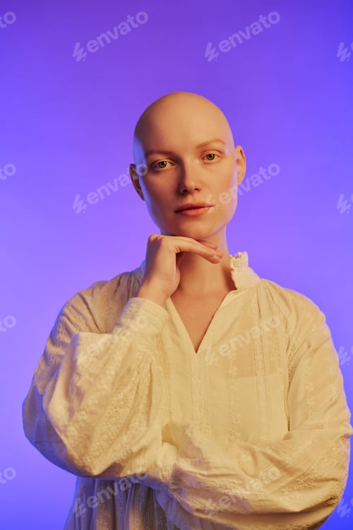 Preview: Portrait of Young Adult Woman Experiencing Alopecia Touching Chin