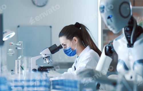 Preview: Scientist and humanoid AI robot in the science lab