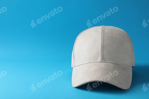 Preview: Stylish beige baseball cap on light blue background. Space for text