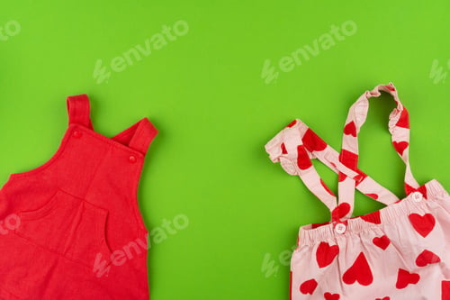 Preview: Top view of baby clothes on green background