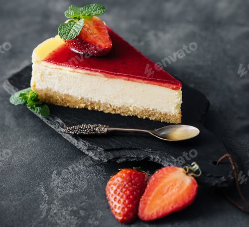 Strawberry cheesecake slice close up on a dark