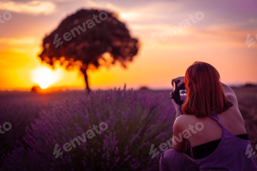 Preview: A woman at sunset in a lavender field with purple flowers, Brihuega. Guadalajara, Spain.
