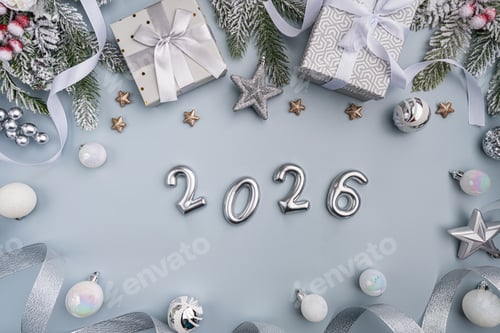 Visualização: Elegante celebração do Ano Novo de 2026 com decoração prateada