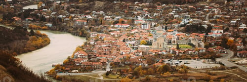 Preview: Mtskheta Georgia. Top Rooftop View Of Ancient Town And Svetitskhoveli Cathedral During Autumn Day