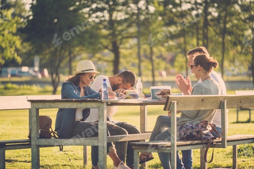 Preview: Multi-ethnic group of friends chatting in a park