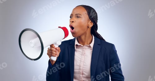 Preview: Megaphone, speech and angry business woman in studio for change, transformation or freedom on grey