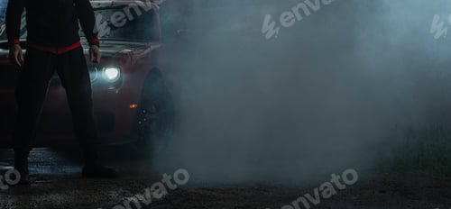 Preview: Muscle Car and a Driver Covered by Smoke After Heavy Burnout